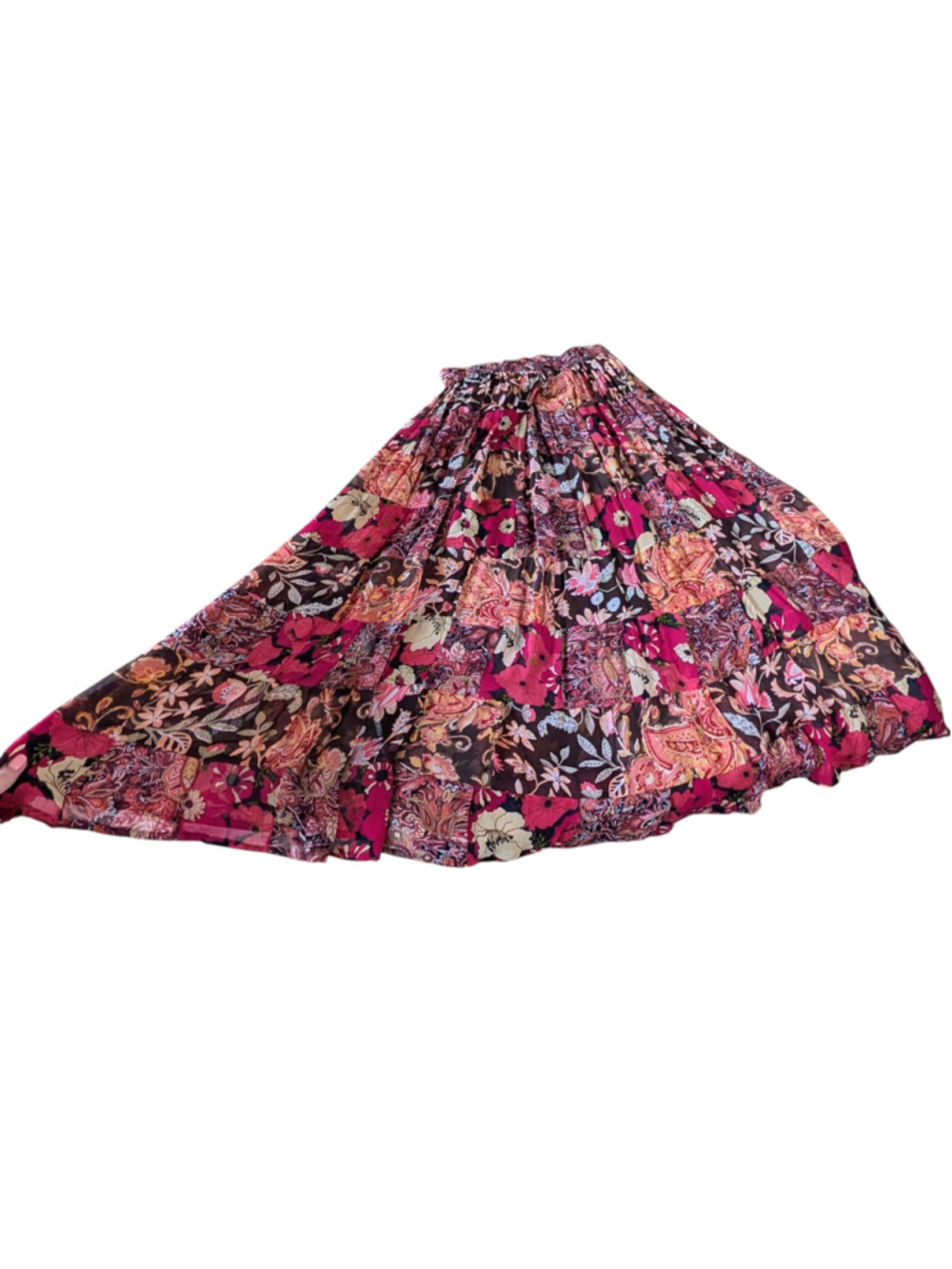 Boho Patchwork Maxi Skirt Sheer Tiered Patchwork Floral Sheet Festival India OS - Picture 6 of 11